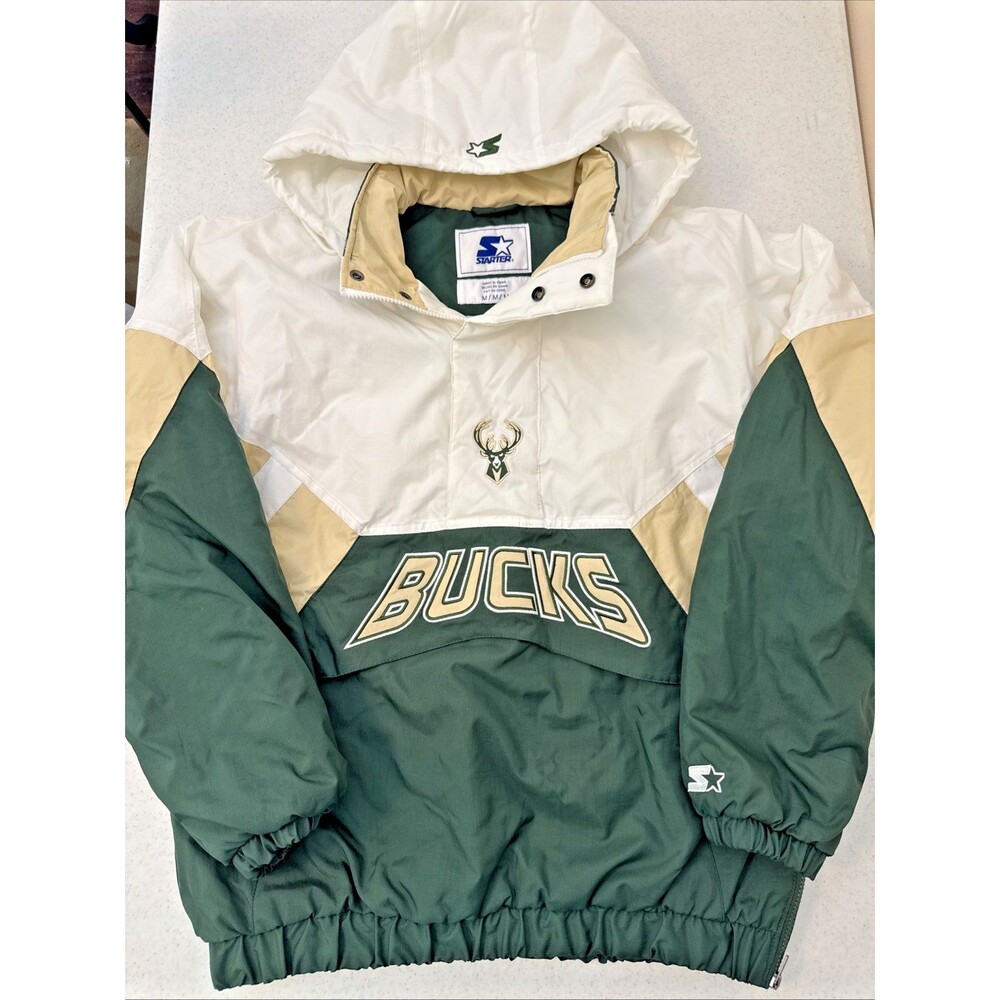 VTG NBA Starter Milwaukee Bucks Puffer Jacket Kangaroo Pouch Pocket Size Med EUC
